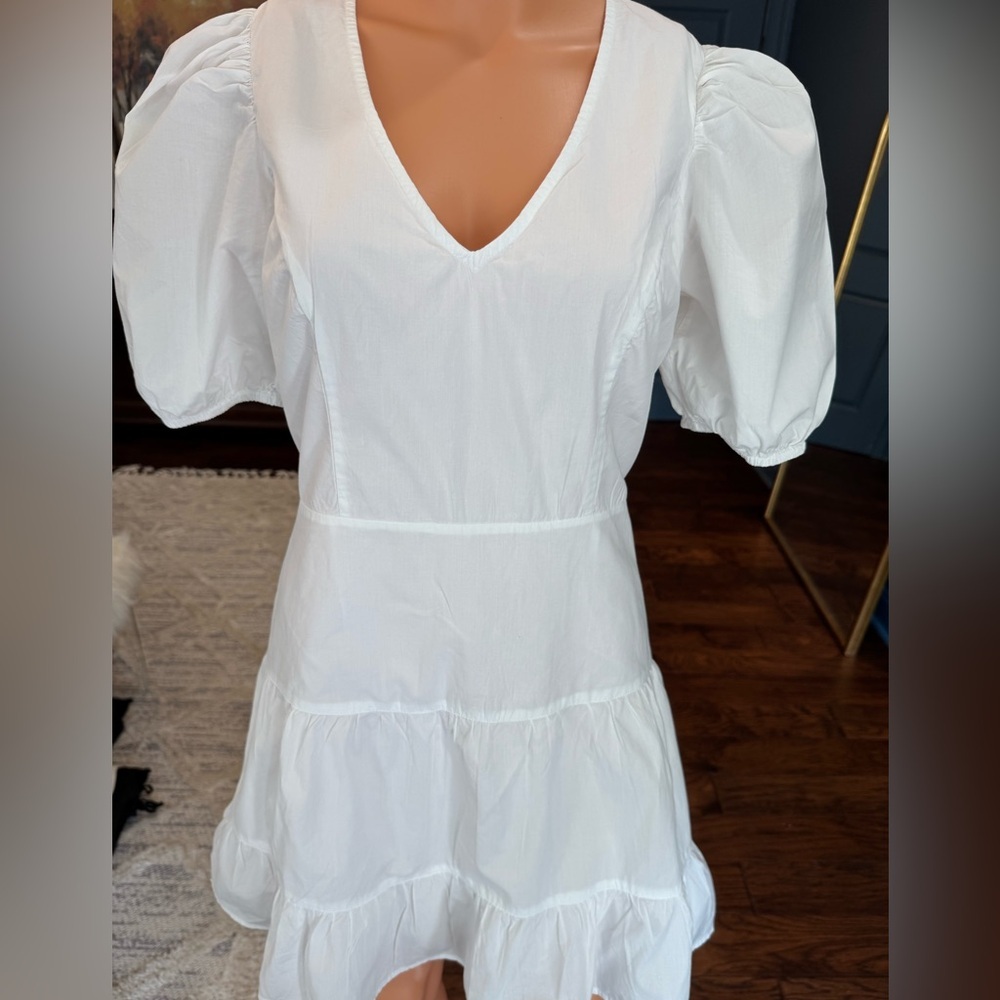 French Connection White Puff Sleeve Tiered Mini Dress Open Back Cotton S